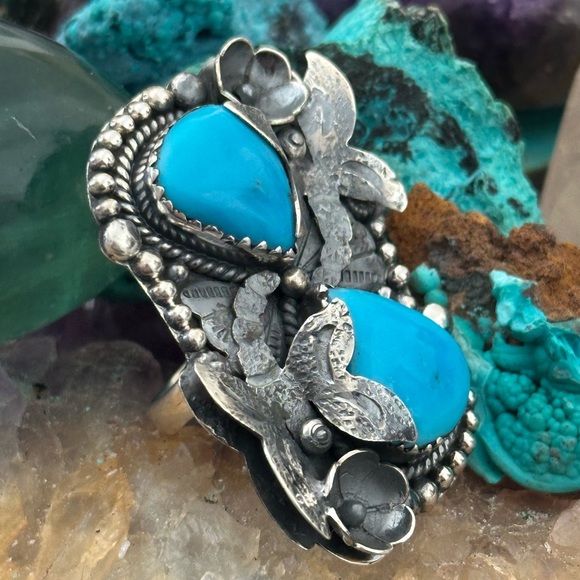 Sleeping beauty turquoise dragonfly statement sterling silver ring - Picture 6 of 15